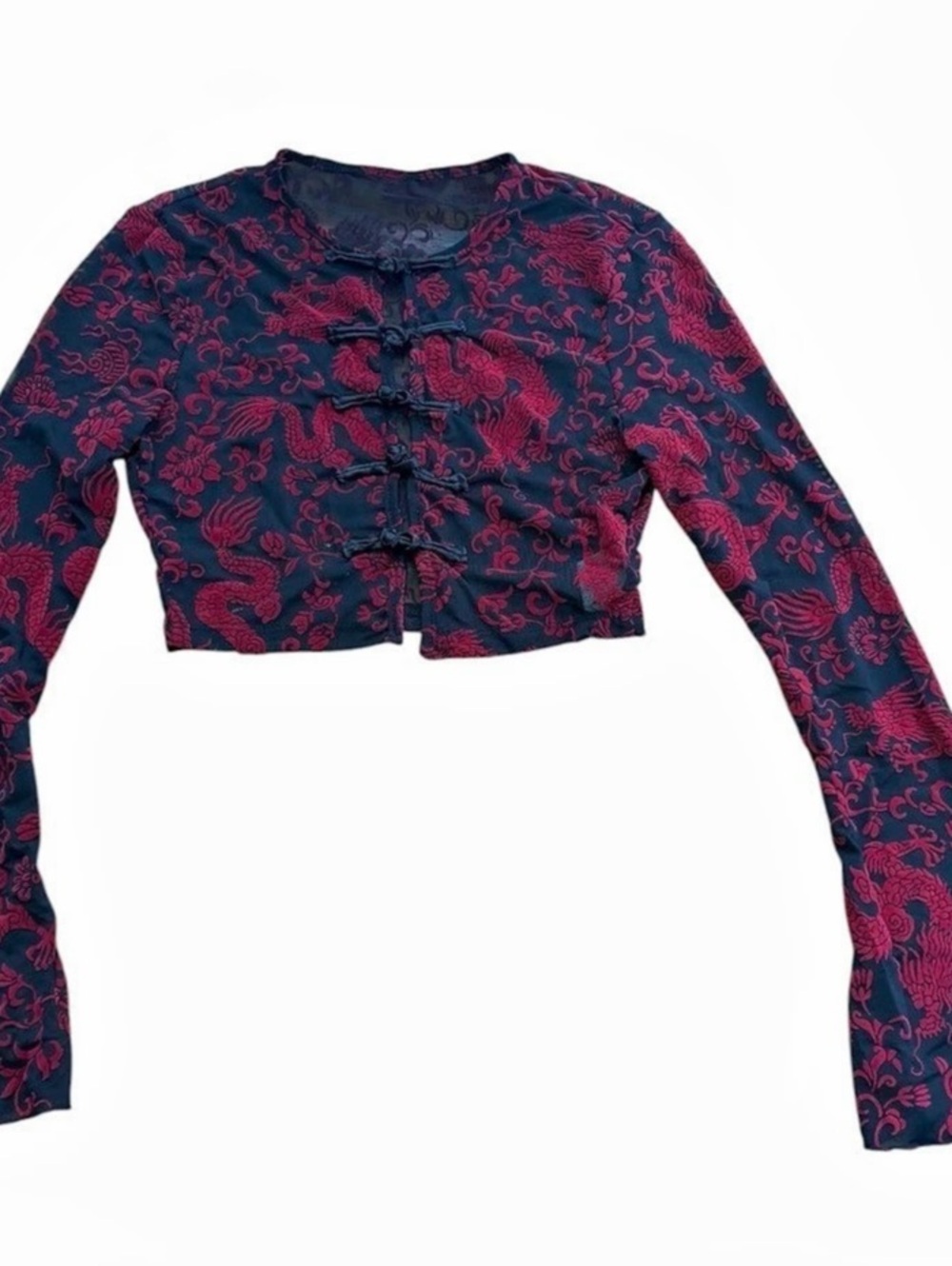 Soly Hux Dragon Print Mesh Crop Top Chinese Frog Button Bell Sleeve NWT Size XS
